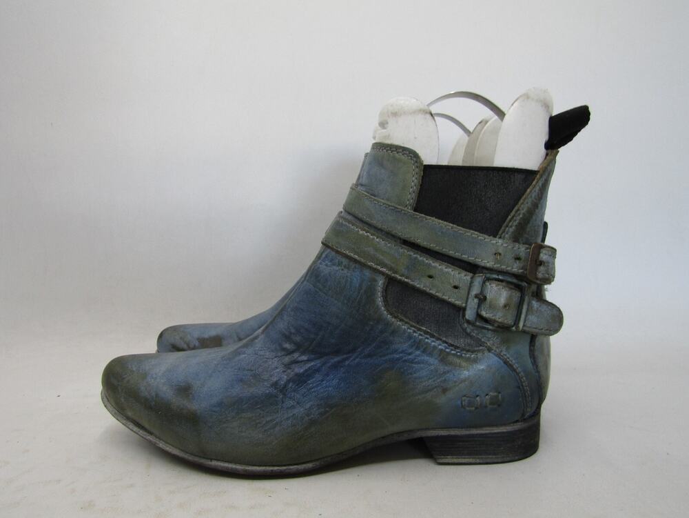 BED STU Womens Sz 7.5 M Distress Blue Leather Chelsea Buckles Ankle Boots Bootie